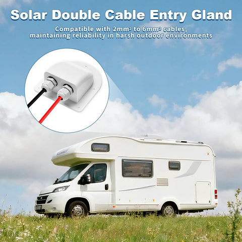 Dual Waterproof Solar Cable Entry Gland For RV And Boat Built Tough With IP68 Rating And Silicone Gasket Keeps Solar Connections Safe From Water Dust And Corrosion. White dual-entry gland on RV roof for 2mm² to 6mm² cables