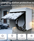 Built Different Outdoor EV Charger Enclosure Top Shelf Waterproof Rain Snow UV Guard protecting charger from snow.
