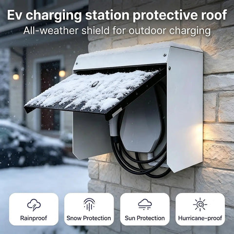 Built Different Outdoor EV Charger Enclosure Top Shelf Waterproof Rain Snow UV Guard protecting charger from snow.