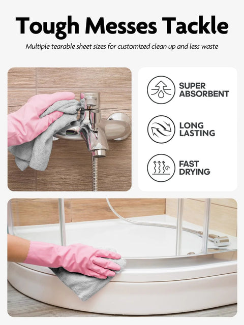 Fantasticlean microfiber cleaning cloths, 60-pack pink and grey, 12x12 towels; used to wipe faucet and shower enclosure.