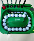 Top view of Electric Tee Up Golf Ball Dispenser with Dual Mode for Irons and Woods with 40 ball tray and six club holder.