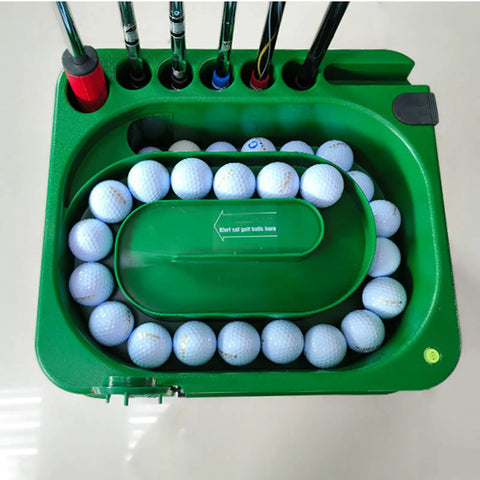 Top view of Electric Tee Up Golf Ball Dispenser with Dual Mode for Irons and Woods with 40 ball tray and six club holder.