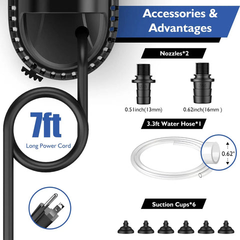 Submersible Water Pump 200 GPH 10W for Garden Fountains and Fish Tanks Ponds Waterfalls Hydroponics and Water Tables All In One 7 Foot Power Cord accessories shown with nozzles, hose, and suction cups