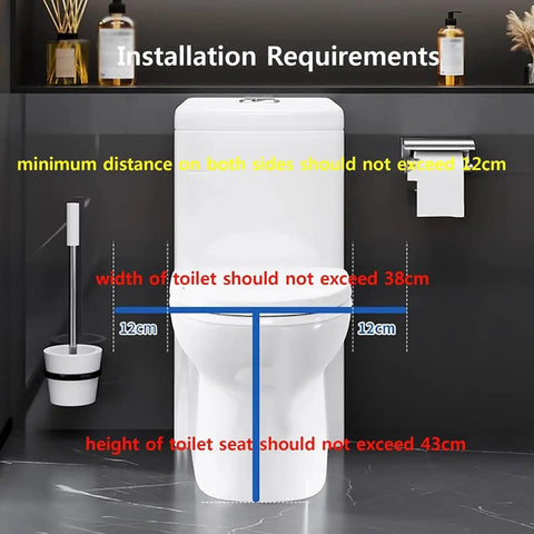 Installation requirements for Real Smooth Electric Toilet Raiser Chair With Locked Grip Handles illustrating dimensions.