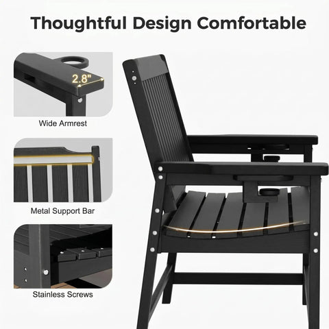 Tough As Nails Two Seater Outdoor Bench With Cup Holder Crafted From Premium Fade Resistant Hdpe For Patios Yards And Decks Handles Up To 660 Pounds Easy Clean All Weather Hangout Spot In Black showing wide armrests and metal support bar.