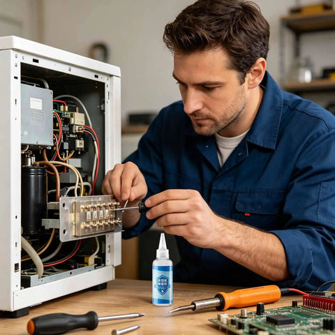 Pro Grade Solder Flux For Desoldering And Welding Battery Tab And PCB Repair Solution Precision Soldering Flux That Clears Oxidation For Smooth Flow No Clean Joint Minimal Stain Ideal For Circuit Board Repairs bottle beside technician repairing PCB