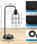 Industrial Bedside Lamp Set Of 2 With USB Ports And Built In Outlet Boho Cage Shade Lamp size and feature diagram
