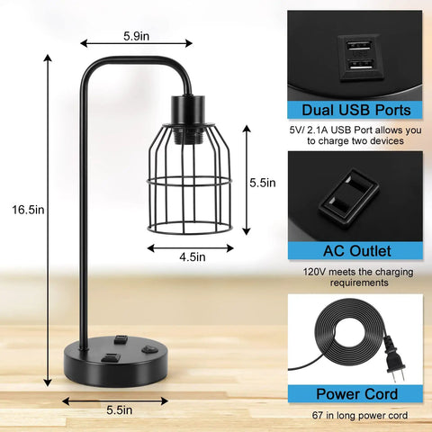 Industrial Bedside Lamp Set Of 2 With USB Ports And Built In Outlet Boho Cage Shade Lamp size and feature diagram