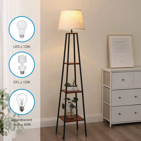 Farmhouse Style 65 Inch Floor Lamp With Three Tier Wood Shelves And Beige Linen Drum Shade in a living room space