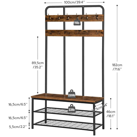 Spacious Rustic Brown Hall Tree With Bench And Coat Rack All In One Mud Room Storage With 12 Double Hooks And Shoe Organizer