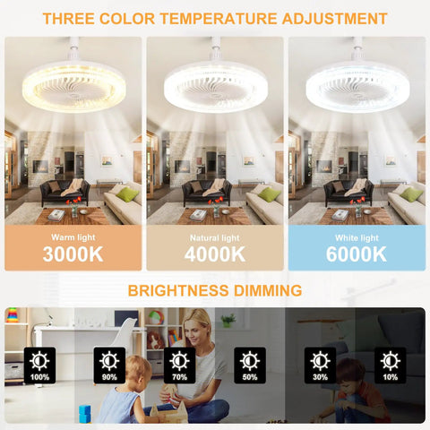 Image showing Easy Install No Fuss Multifunctional Ceiling Fan With Light And Remote, E26 Socket Compatible, displaying three color temperatures.
