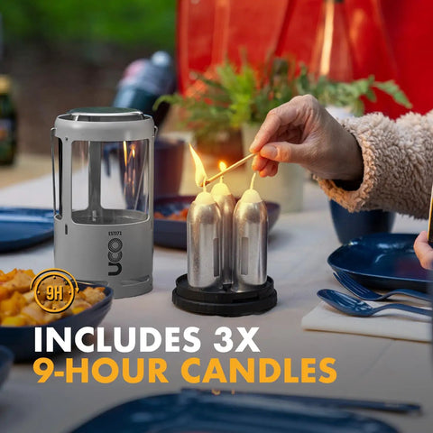 Person lighting candles next to a Red Candle Lantern For Camping And Emergencies, A Must-Have For Backcountry Prep, Lets You Run 3 Nine-Hour Emergency Candles, Lightweight Aluminum Hanging Lantern For Backpacking, Hiking, And Outdoor Adventures