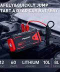 5000A Car Jump Starter A30 12V Jump Box Portable Power Bank with Dual Outputs LED Light in car engine bay, visible clamps