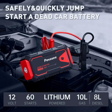5000A Car Jump Starter A30 12V Jump Box Portable Power Bank with Dual Outputs LED Light in car engine bay, visible clamps