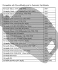 Compatibility chart for Extended Cab Rear Vent Window Latch Assembly for Chevrolet Silverado and GMC Sierra 1999-2007 models.