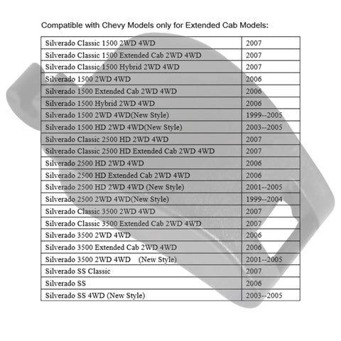 Compatibility chart for Extended Cab Rear Vent Window Latch Assembly for Chevrolet Silverado and GMC Sierra 1999-2007 models.