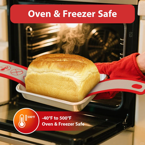 Nonstick Silicone Bread Sling Set Oval And Round Easy Grab Handles Reusable Sourdough Tools For Baking Dutch Oven Accessories Kitchen Heat Resistant Red lifting loaf from oven