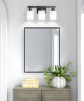 Straight Up Solid 3 Light Bathroom Vanity Lights With Square Frosted Glass Shades Matte Black Wall Sconces over mirror.