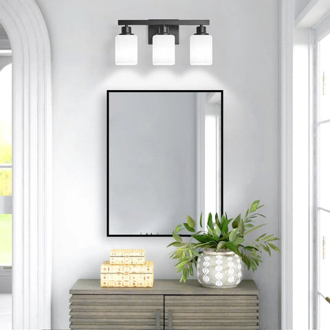 Straight Up Solid 3 Light Bathroom Vanity Lights With Square Frosted Glass Shades Matte Black Wall Sconces over mirror.
