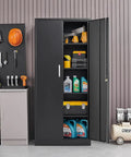 Beefy Black Metal Storage Cabinet With Adjustable Shelves And Doors, Versatile Garage, Kitchen Pantry And Home Office Storage Unit, 71 Inch Tall And Sturdy with open shelves displaying tools and products next to workbench