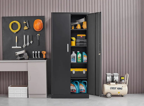 Beefy Black Metal Storage Cabinet With Adjustable Shelves And Doors, Versatile Garage, Kitchen Pantry And Home Office Storage Unit, 71 Inch Tall And Sturdy with open shelves displaying tools and products next to workbench