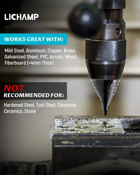 Jumbo Two And Three Eighths Inches Step Drill Bit Set for Metal By Lichamp Unibit With Spiral Grooved Design drilling metal surface