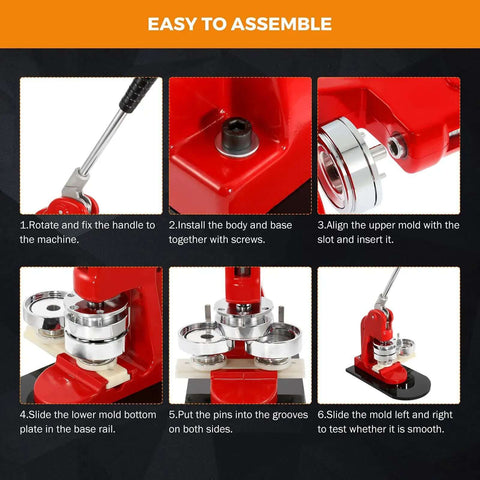 DIY 58mm Button Maker Machine Kit with 1000 Blanks showing step-by-step assembly for custom badges and pins with durable ABS plastic build.