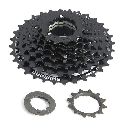 8 Speed Mountain Bike Cassette 12-32 Teeth Black With Hyperglide Compatibility shown with snap rings
