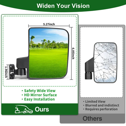Dead Simple Golf Cart Side And Rear View Mirror Set Offering Badass HD Reflections No Drill Bracket Mount Universal Fitment For Ezgo Club Car Yamaha Boosts Night Vision And Keeps Things Super Chill showing HD mirror with palm trees.