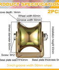 Product specifications of 2 Pack 3 Inch U-Groove Caster Wheels With 1763 Lb Load Capacity showing dimensions and details