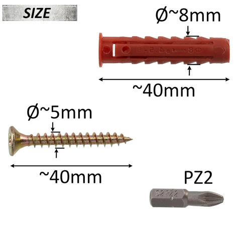 25 Dowel Fixing Kit With Nylon Collars Diameter 8x40 mm, 25 Yellow Wood Screws Diameter 5x40 mm, And PZ2 Quarter Inch Bit Display
