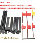 Hilitand Lathe Turning Tool Kit With 1/2 Inch Shank Carbide Inserts, seven piece carbide tool set with red and yellow inserts.