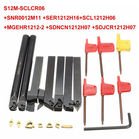 Hilitand Lathe Turning Tool Kit With 1/2 Inch Shank Carbide Inserts, seven piece carbide tool set with red and yellow inserts.