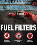 Ford 7Point3L Diesel Fuel Filter DCS8629OE Replacement on workbench with red cloth, focuses on optimized flow rates and OEM fit.