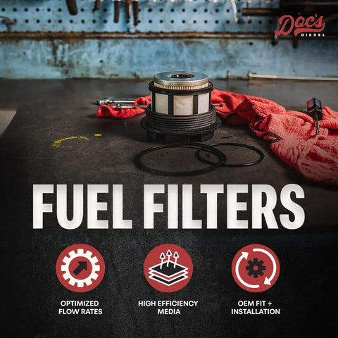 Ford 7Point3L Diesel Fuel Filter DCS8629OE Replacement on workbench with red cloth, focuses on optimized flow rates and OEM fit.
