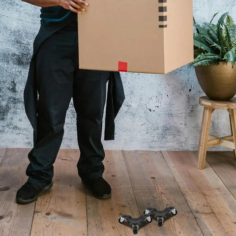 Heavy Duty Furniture Movers Dolly With Durable Plastic Wheels Four Piece Set For Moving Heavy Cabinets And Appliances In Offices And Warehouses Sturdy Carbon Steel Frame For Easy Safe Relocation, person lifting box