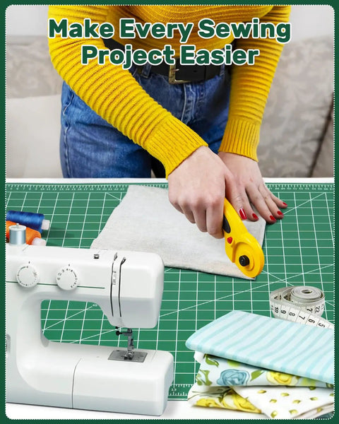 Person using Self Healing Cutting Mat 23 By 35 Inches Large Double-Sided Rotary Cutting Mat for sewing with sewing machine and fabric