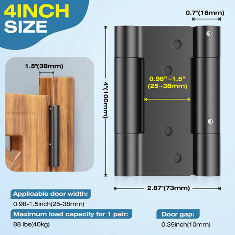 4-inch black stainless steel double-spring hinge with adjustable tension; fits 25–38 mm doors, 88 lb per pair