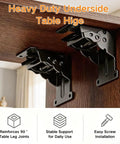 4 Pack Heavy Duty Folding Brackets Rock Solid Self Locking Extension Supports With Mounting Hardware For Table Bed And Workbench Legs Beefy Cold Rolled Steel Black under table view showcasing the hinges.