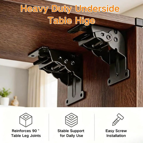 4 Pack Heavy Duty Folding Brackets Rock Solid Self Locking Extension Supports With Mounting Hardware For Table Bed And Workbench Legs Beefy Cold Rolled Steel Black under table view showcasing the hinges.