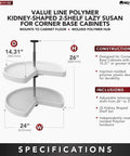 24 Inch Kidney Dual Tier Lazy Susan Slick Rotation Swivel Tray For Corner Base Cabinets Polymer Construction, 26 inch height.