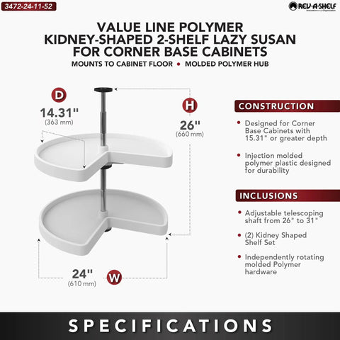 24 Inch Kidney Dual Tier Lazy Susan Slick Rotation Swivel Tray For Corner Base Cabinets Polymer Construction, 26 inch height.
