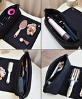 Travel Hair Tools Bag With Heat Resistant Mat 2 In 1 Organizer For Flat Irons Curling Irons And Straighteners 15.5 Inch Long Interior Pockets On The Go Portable Case For Hair Care Accessories Black with open view displaying hair tools and accessories.