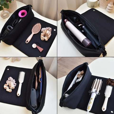 Travel Hair Tools Bag With Heat Resistant Mat 2 In 1 Organizer For Flat Irons Curling Irons And Straighteners 15.5 Inch Long Interior Pockets On The Go Portable Case For Hair Care Accessories Black with open view displaying hair tools and accessories.