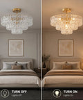 Artpad 19.69‑Inch Modern Ceiling Pendant Light, LED Living Room Lighting in a bedroom with lights on and off.