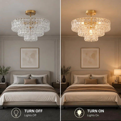 Artpad 19.69‑Inch Modern Ceiling Pendant Light, LED Living Room Lighting in a bedroom with lights on and off.