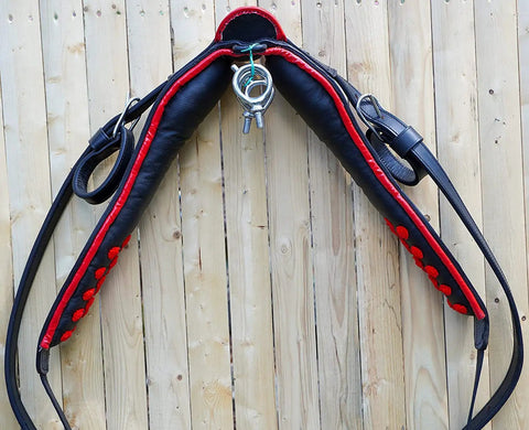 Full Size Leather Horse Driving Harness With Red Trim, Premium Quality Horse Driving Equipment, heavy padded leather section