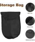 Storage bag for Ultra Portable Folding Camping Shovel with Carbon Steel Build, showing belt loop, velcro strap, waterproof oxford