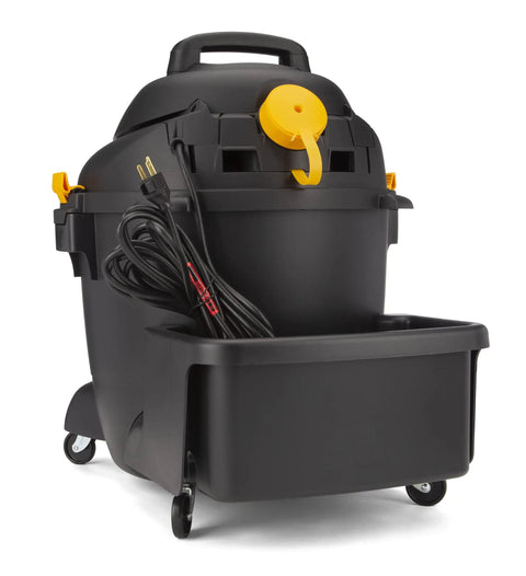 Back view of Contractor Wet Dry Vacuum 10 Gallon Pro Workhorse with built-in tool storage and 18 ft cord, heavy duty design.