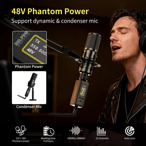 Wireless XLR Transmitter Receiver With Built-In 48V Phantom Power, Ultra Long 470FT Range For Studio Condenser Mics No extra Boxes Needed with microphone setup.